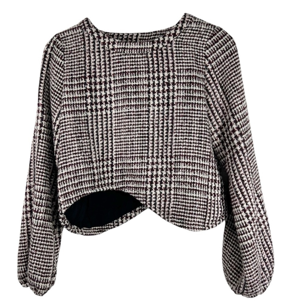 LINE + DOT Women's Small Plaid Wool BlendTweed Crop Asymmetrical Balloon Sleeve